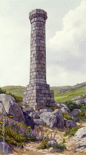 Ancient Stone Pillar in Serene Countryside Landscape with Wildflowers and Rolling Hills Vector Art Illustration in Daylight - Historical Architecture in Nature