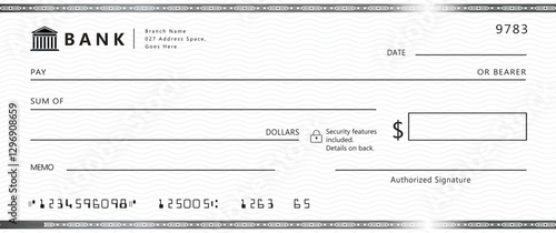 Blank bank check, checkbook cheque template with blue guilloche, vector mockup. Money payment bank check voucher or pay cash cheque certificate, account bill paycheck	