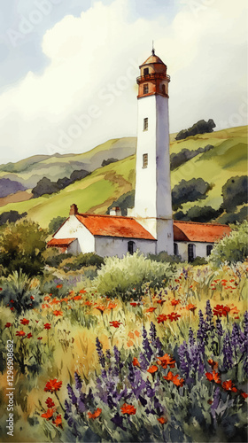 Charming Countryside Lighthouse Surrounded by Vibrant Wildflowers in Serene Green Hills - Beautiful Scenic Landscape Art Vector for Nature and Travel Lovers