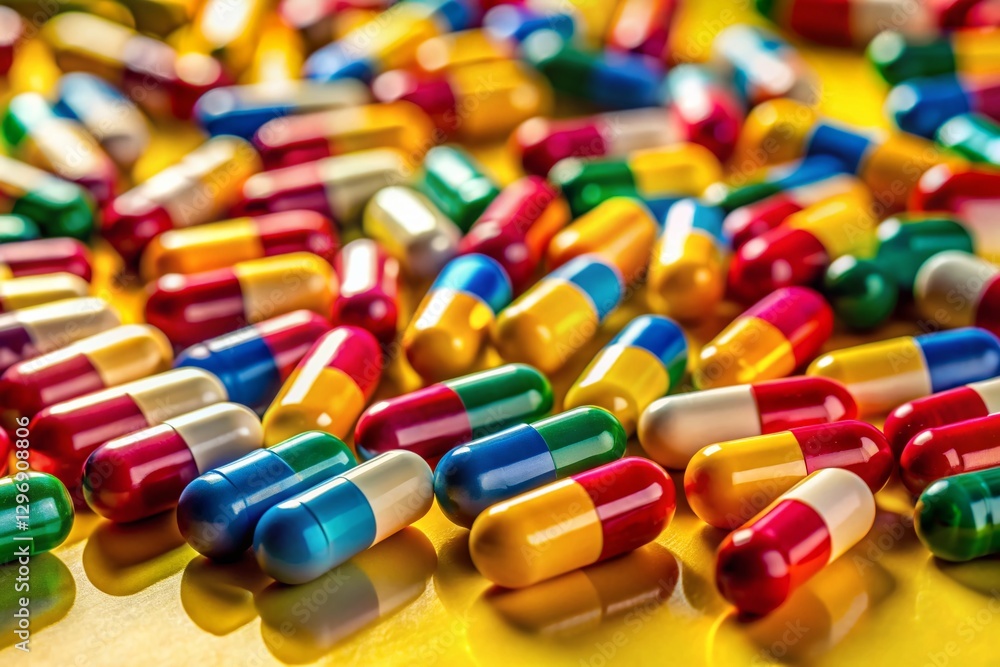 Vibrant Colorful Pills on Yellow Background - Low Light Pharmacy Stock Photo Vibrant Colorful Pills on Yellow Background - Low Light Pharmacy Stock Photo