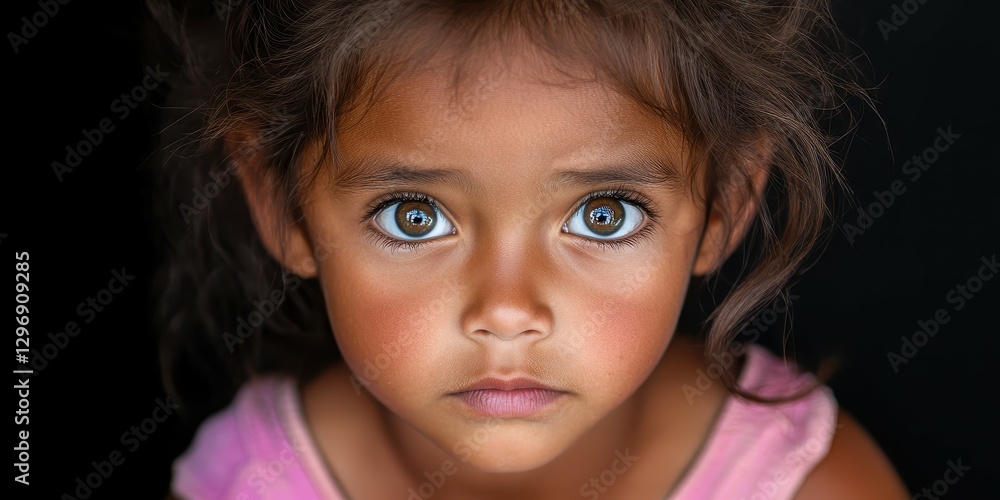 A young girl with dark hair and large, bright eyes looks intently at the viewer, conveying a strong sense of innocence and wonder. Her expression captures a moment full of curiosity and emotion A young girl with dark hair and large, bright eyes looks intently at the viewer, conveying a strong sense of innocence and wonder. Her expression captures a moment full of curiosity and emotion