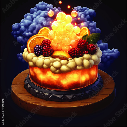 Exquisite Vector Art of Glowing Citrus Cake with Berries and Orange Slices on Rustic Wood; Stunning Fruit Dessert Illustration for Culinary Inspiration and Art Enthusiasts