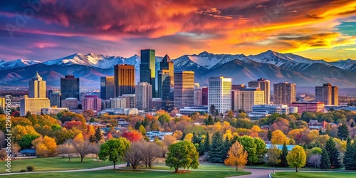 Obraz na płótnie Vibrant Denver Skyline & Colorado Landscape Panorama: Export Concept Map w salonie