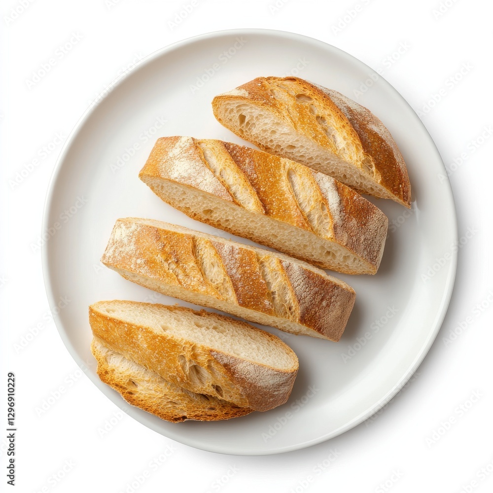 Photorealistic topdown view of sliced baguette on white plate Photorealistic topdown view of sliced baguette on white plate