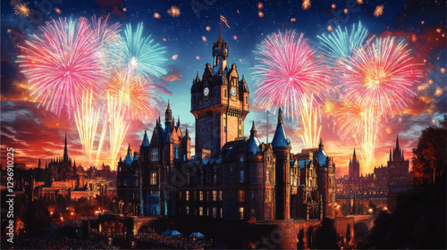Spectacular Fireworks Over Historic Edinburgh Skyline at Sunset with Clock Tower and Castle Architecture | Vibrant Night Scene | UK Travel Art Vector
