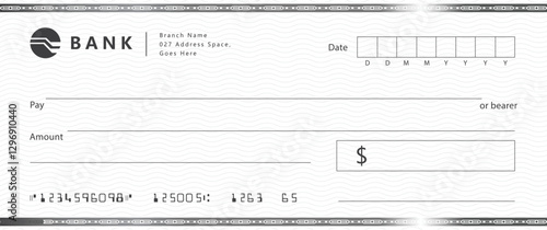 Blank bank check, checkbook cheque template with blue guilloche, vector mockup. Money payment bank check voucher or pay cash cheque certificate, account bill paycheck	