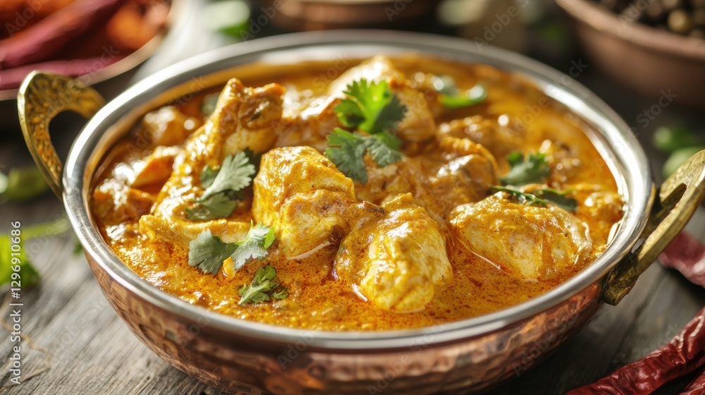 Delicious Indian chicken korma in copper bowl, vibrant colors, authentic presentation, cultural cuisine Delicious Indian chicken korma in copper bowl, vibrant colors, authentic presentation, cultural cuisine