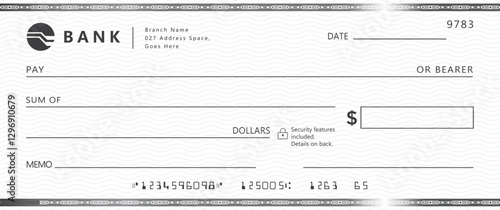 Blank bank check, checkbook cheque template with blue guilloche, vector mockup. Money payment bank check voucher or pay cash cheque certificate, account bill paycheck	