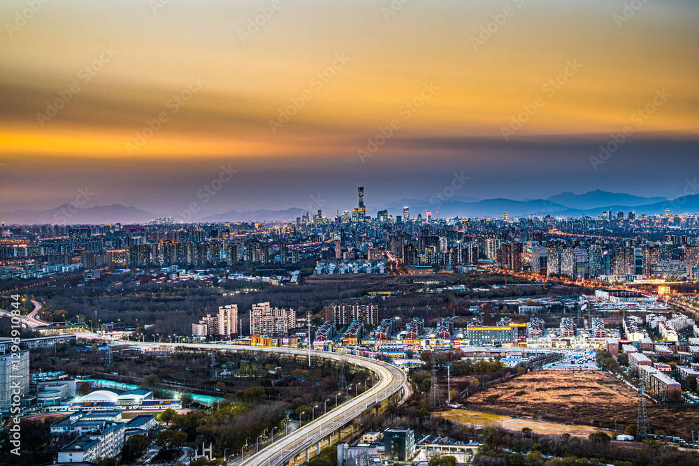 The urban context of Beijing outlined by the expressway in Beijing, China in the evening The urban context of Beijing outlined by the expressway in Beijing, China in the evening
