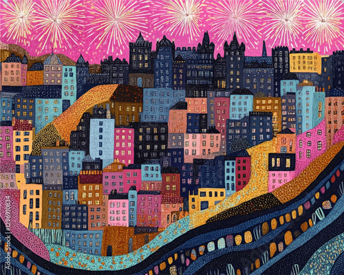 Vibrant Cityscape Vector Image with Fireworks Display and Artistic Colorful Buildings Against Pink Night Sky, Perfect for Creative Urban Art Enthusiasts