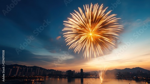 A breathtaking fireworks display illuminates the night sky above a city skyline, reflecting vibrant colors on the water's surface during twilight hours, creating magical moments. photo