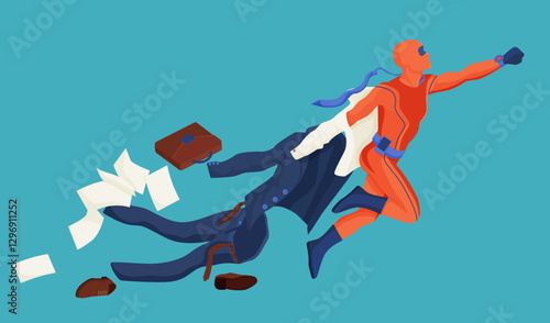 Cartoon office worker take off suit flying go to dream become superhero vector graphic illustration. Business man in super hero cape isolated. Concept of career growth, achievement and boost