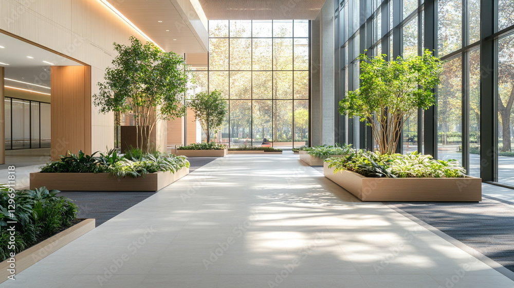 Obraz premium Incorporating trees into corporate architecture symbolizes a commitment to sustainability, enhancing the environment, reducing carbon footprint, and promoting employee well-being through natural eleme
