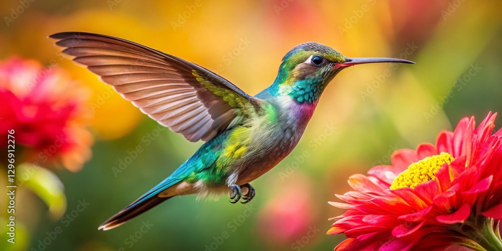 Fototapeta premium Vibrant Hummingbird Hovering Near Colorful Flower - Stunning Nature Wallpaper