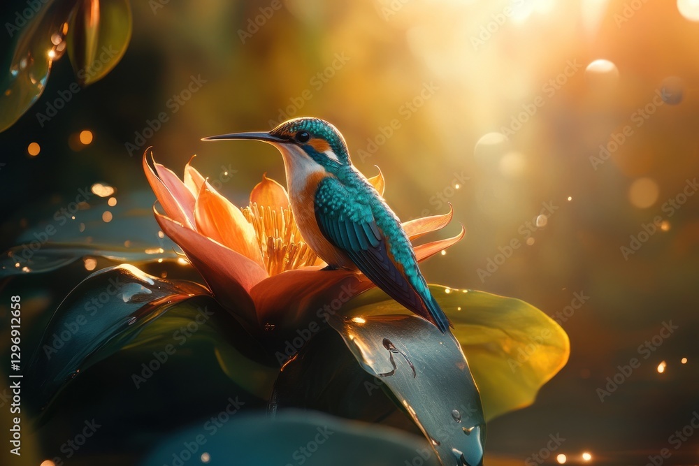 Fototapeta premium Vibrant kingfisher perched on a lotus flower at sunset.