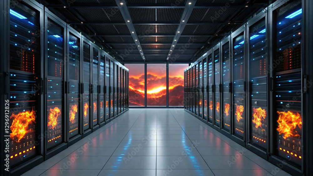 Fototapeta premium High tech server room with glowing data racks and fiery sunset view