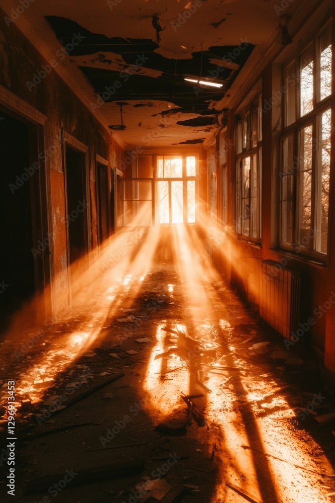 Sun rays light up a ruined corridor with decay for stock photography or architecture Sun rays light up a ruined corridor with decay for stock photography or architecture