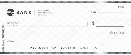 Blank bank check, checkbook cheque template with blue guilloche, vector mockup. Money payment bank check voucher or pay cash cheque certificate, account bill paycheck	
