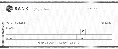 Blank bank check, checkbook cheque template with blue guilloche, vector mockup. Money payment bank check voucher or pay cash cheque certificate, account bill paycheck	