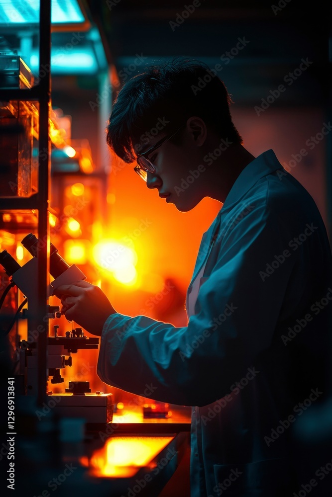 Scientist studying samples in a laboratory, with bright lights. Science purpose Scientist studying samples in a laboratory, with bright lights. Science purpose