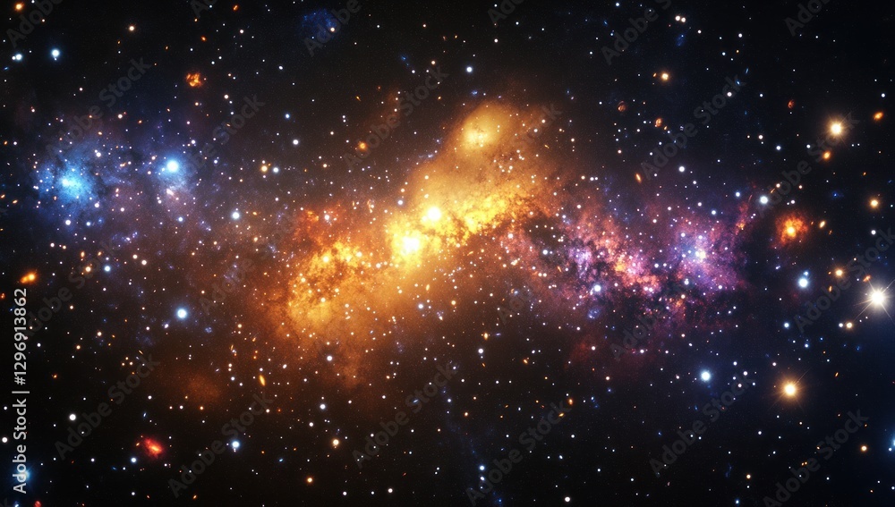 Obraz premium Vibrant nebula with orange, purple, and blue hues amidst a field of stars.