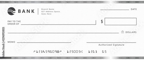 Blank bank check, checkbook cheque template with blue guilloche, vector mockup. Money payment bank check voucher or pay cash cheque certificate, account bill paycheck	