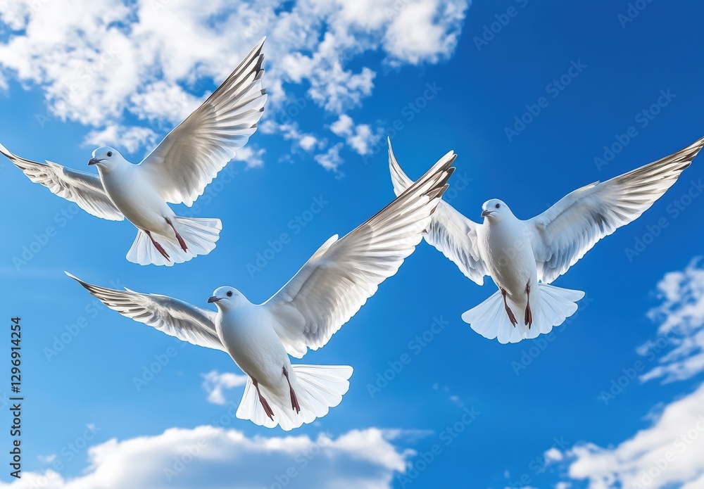 Fototapeta premium Graceful White Birds Soaring Against a Bright Blue Sky with Fluffy Clouds, Symbolizing Freedom and Peace in Nature's Beautiful Landscape