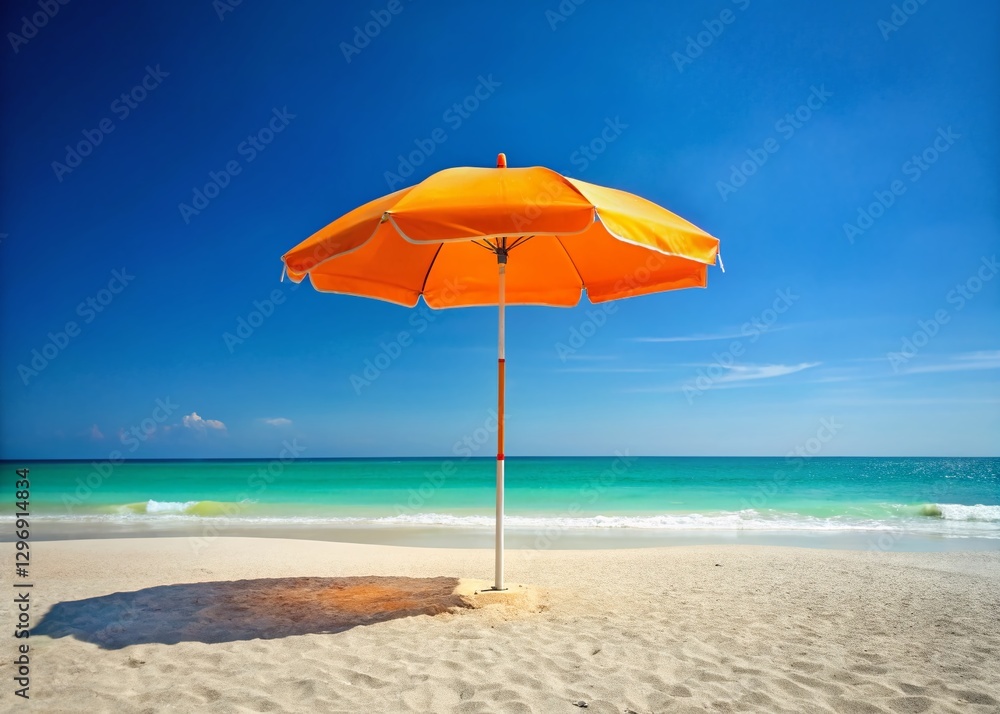 Vibrant Orange Beach Umbrella Providing Shade on Sunny Tropical Beach - Summer Vacation Vibrant Orange Beach Umbrella Providing Shade on Sunny Tropical Beach - Summer Vacation