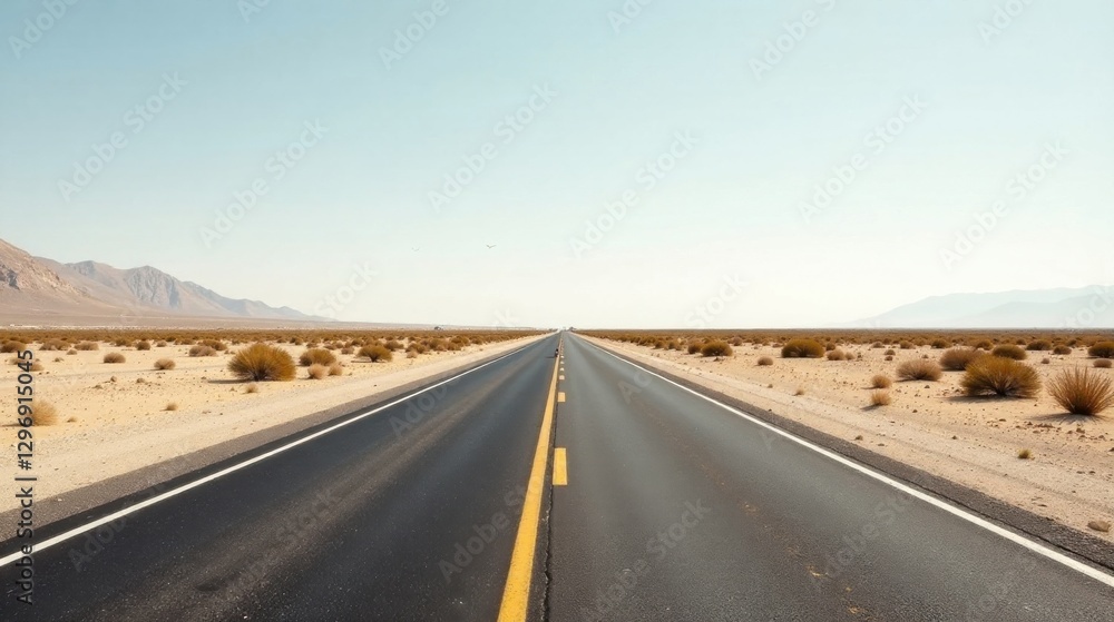 Endless Asphalt Through Arid Landscape A Journey On A Straight Highway Towards Distant Mountains Under A Clear Sky Endless Asphalt Through Arid Landscape A Journey On A Straight Highway Towards Distant Mountains Under A Clear Sky