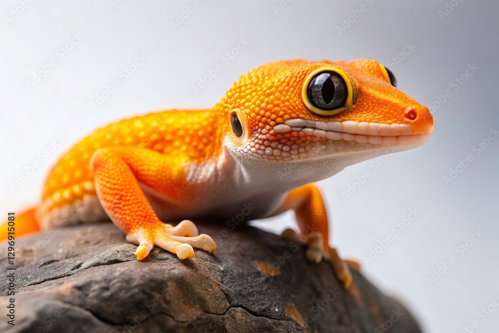 Naklejka premium Vibrant Orange Gecko Close-Up on Rock, Isolated White Background - Stock Photo