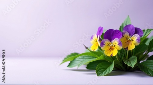 Delicate purple and yellow pansies nestled amongst vibrant green foliage, resting gracefully on a soft lilac background, creating a serene and charming floral arrangement.