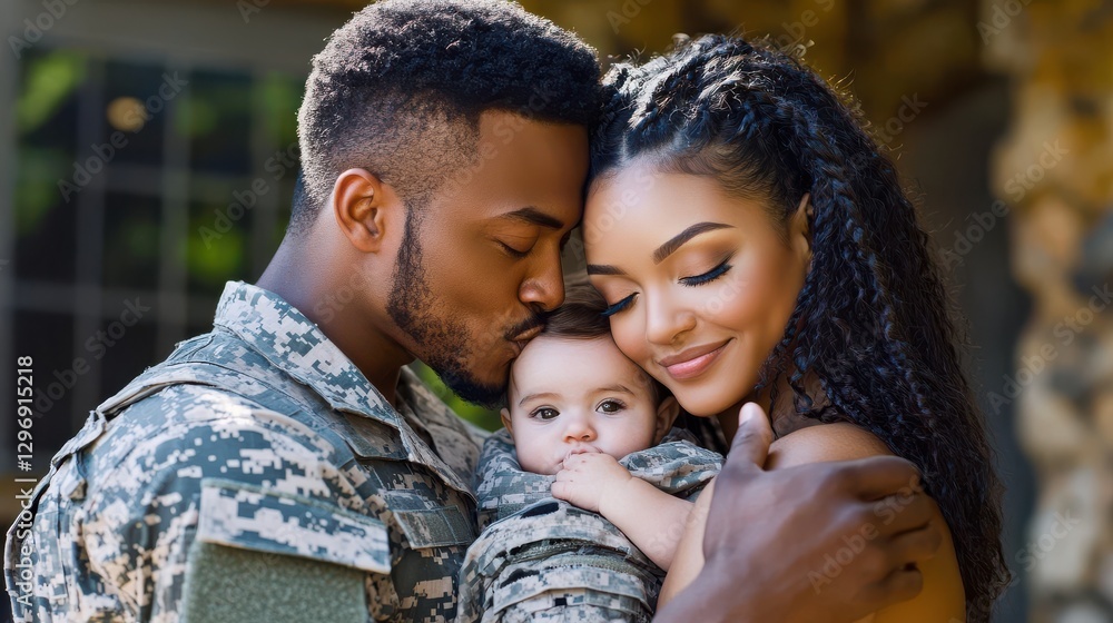 Fototapeta premium Soldier kissing baby while embracing wife