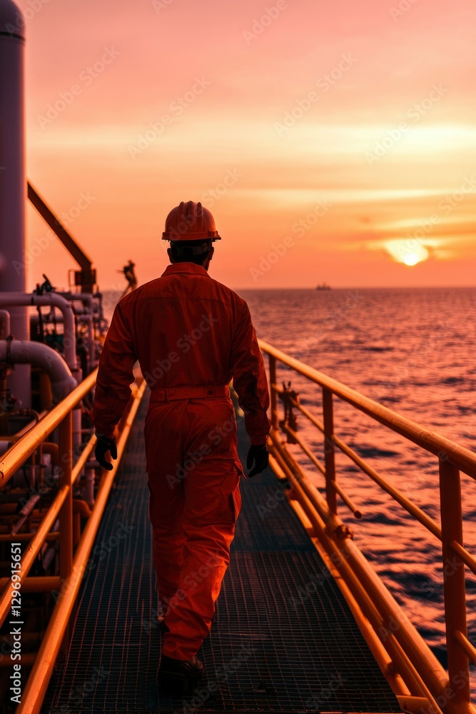 Oil worker walks offshore at sunset for engineering, energy or construction work Oil worker walks offshore at sunset for engineering, energy or construction work