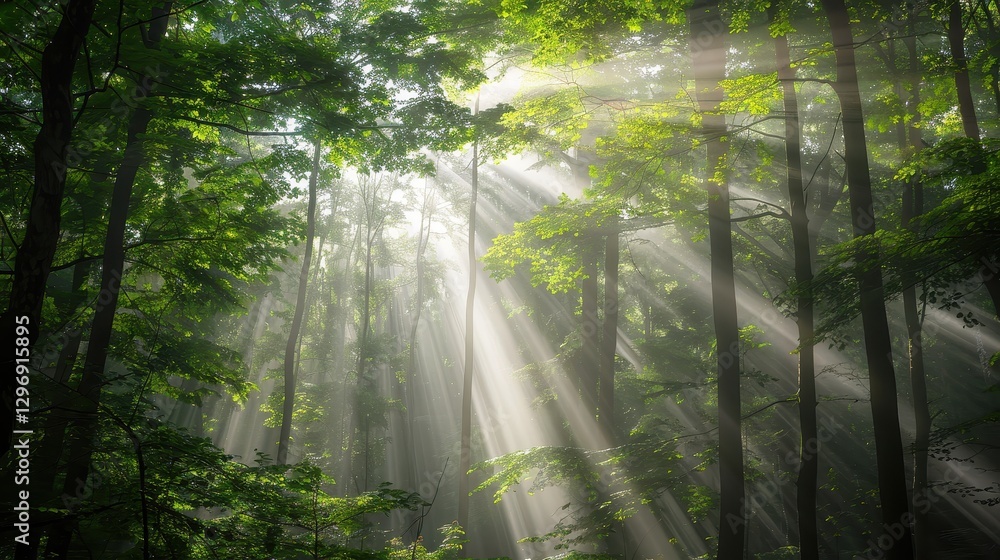 Obraz premium Mysterious Foggy Forest with Sunlight Filtering Through Trees