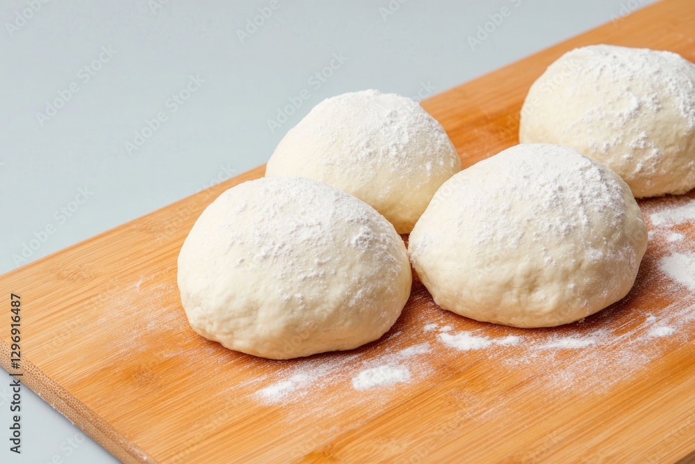Dough balls resting on wooden surface, lightly dusted with flour Dough balls resting on wooden surface, lightly dusted with flour