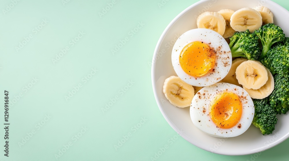 This image showcases a delightful plate featuring perfectly cooked eggs, fresh broccoli, and sliced bananas, embodying a healthy breakfast option rich in nutrients. This image showcases a delightful plate featuring perfectly cooked eggs, fresh broccoli, and sliced bananas, embodying a healthy breakfast option rich in nutrients.