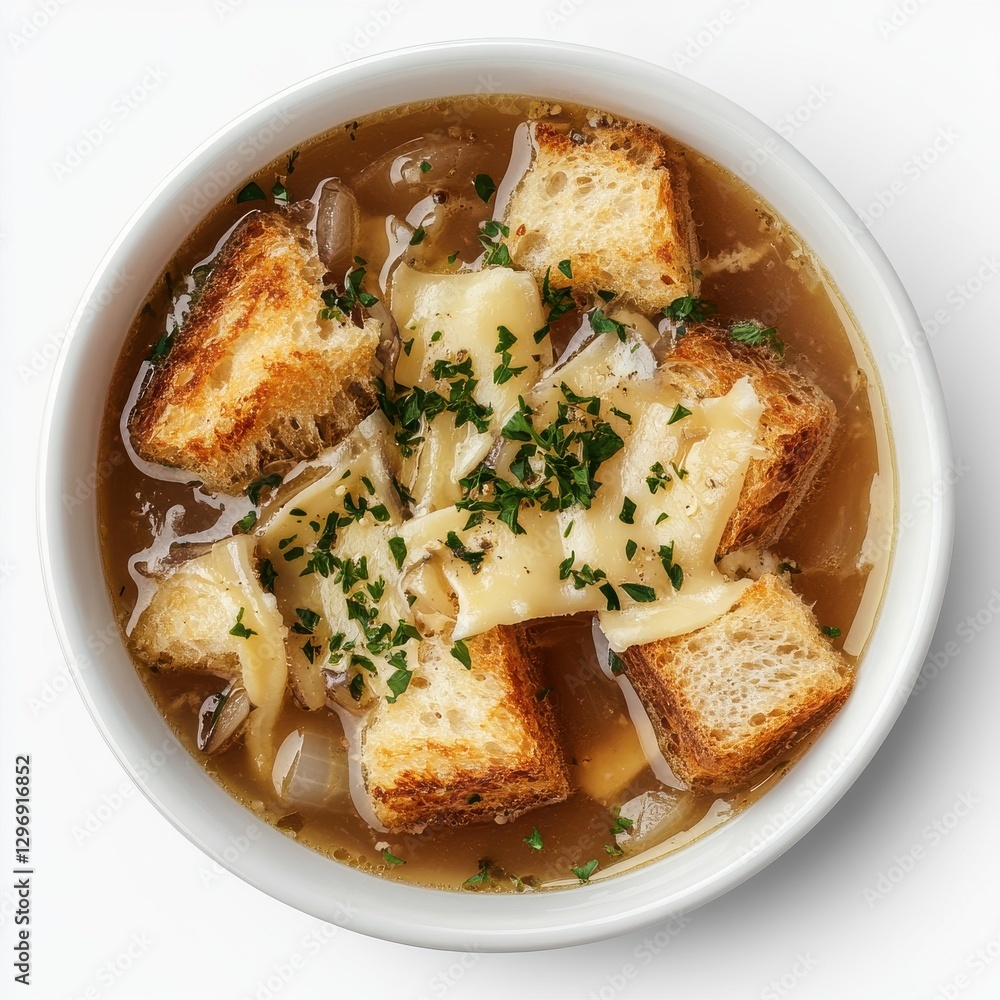 Photorealistic topdown view of Onion Soup with Gruyre and croutons Photorealistic topdown view of Onion Soup with Gruyre and croutons