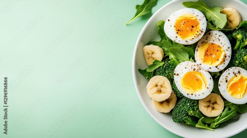 This image features a bowl of nutritious boiled eggs served on a bed of fresh arugula and bananas, creating a delightful and healthy meal perfect for any time. This image features a bowl of nutritious boiled eggs served on a bed of fresh arugula and bananas, creating a delightful and healthy meal perfect for any time.