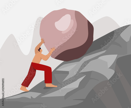 Barefoot strong guy climb up rock carry move to goal vector flat illustration. Athletic male hero useless work hard have difficulties sisyphus labor big limbs style isolated on white background