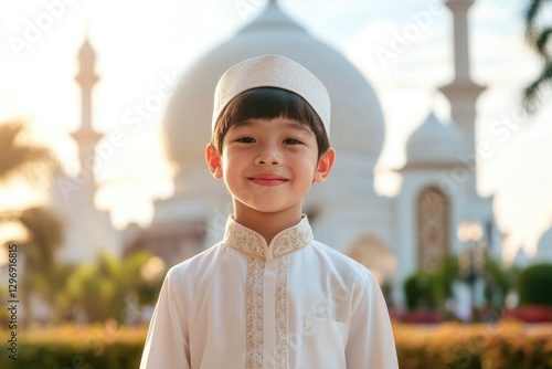 Smiling kid in Islamic clothing, mosque backdrop during prayers for commercial use