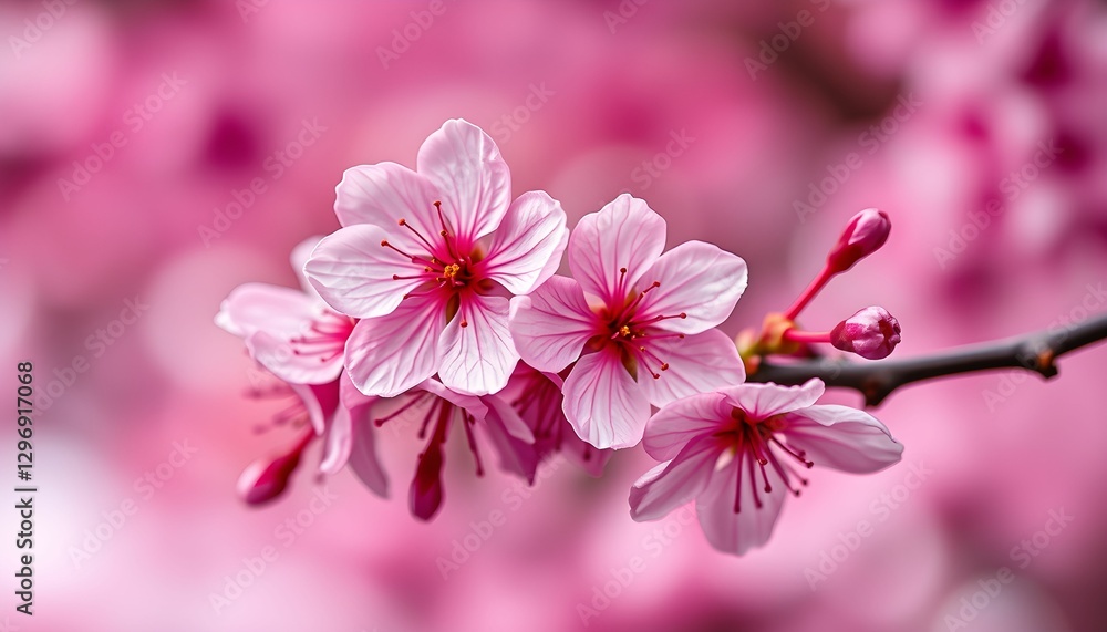 Fototapeta premium Cherry blossom, delicate pink petals, macro photography, shallow depth of field, soft focus, springtime, floral beauty, sakura branch, nature close-up, vibrant pink background, dreamy atmosphere