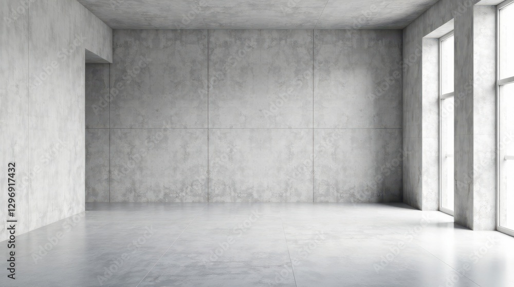 Spacious empty room with concrete walls and large windows providing natural light Spacious empty room with concrete walls and large windows providing natural light