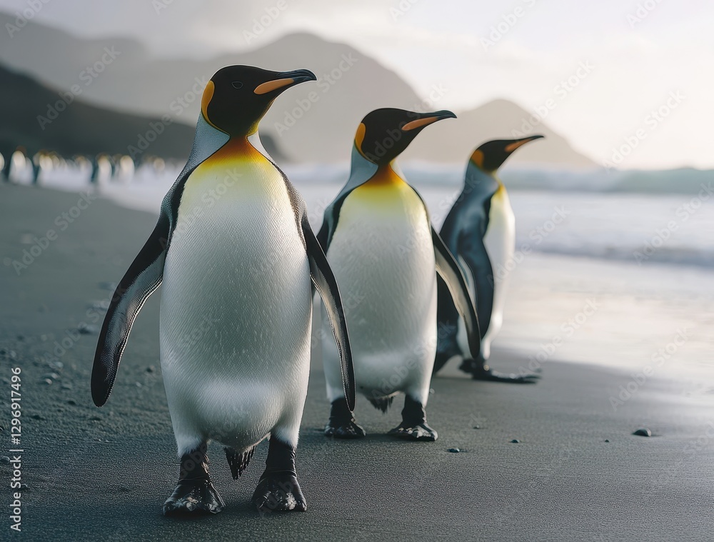 Fototapeta premium Group of Three Majestic King Penguins Walking Along the Seashore at Dusk with Mountains in the Background, Capturing the Beauty of Nature