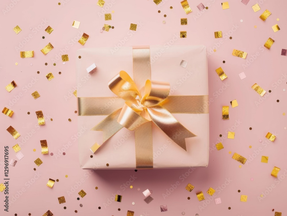 Gift with a golden ribbon surrounded by confetti on a pink backdrop Gift with a golden ribbon surrounded by confetti on a pink backdrop