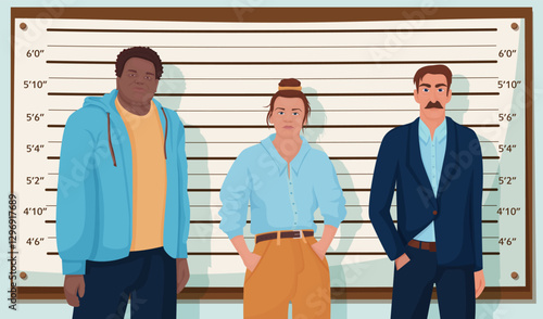 Group of cartoon criminal person standing at police lineup vector graphic illustration. Crime mafia dangerous people during identity parade. Man and woman malefactor or robbery suspects