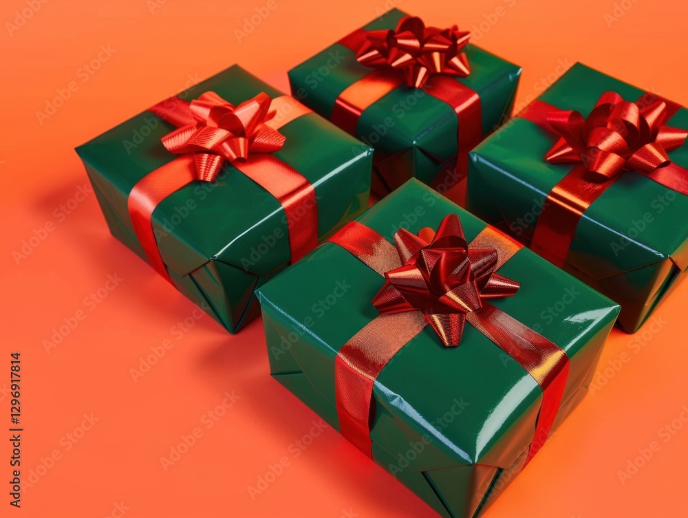 Obraz premium Brightly Wrapped Gifts in Green with Red Ribbons on Orange Background