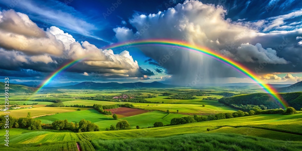 Obraz premium Vibrant Rainbow Arcing Across a Lush Green Meadow After a Summer Rain