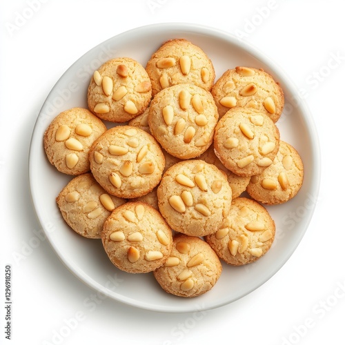 Photorealistic topdown view of Pignoli Cookies on a white plate
