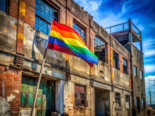 Vibrant Rainbow Flag Waves in Urban Decay:  A Symbol of Hope and Pride
