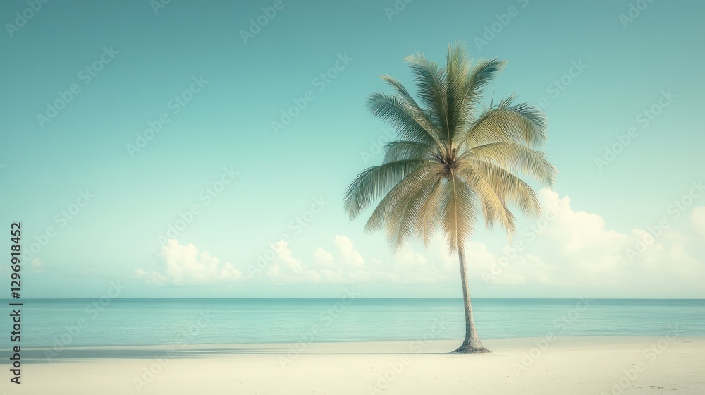 A solitary palm tree stands tall on a sandy beach scene A solitary palm tree stands tall on a sandy beach scene